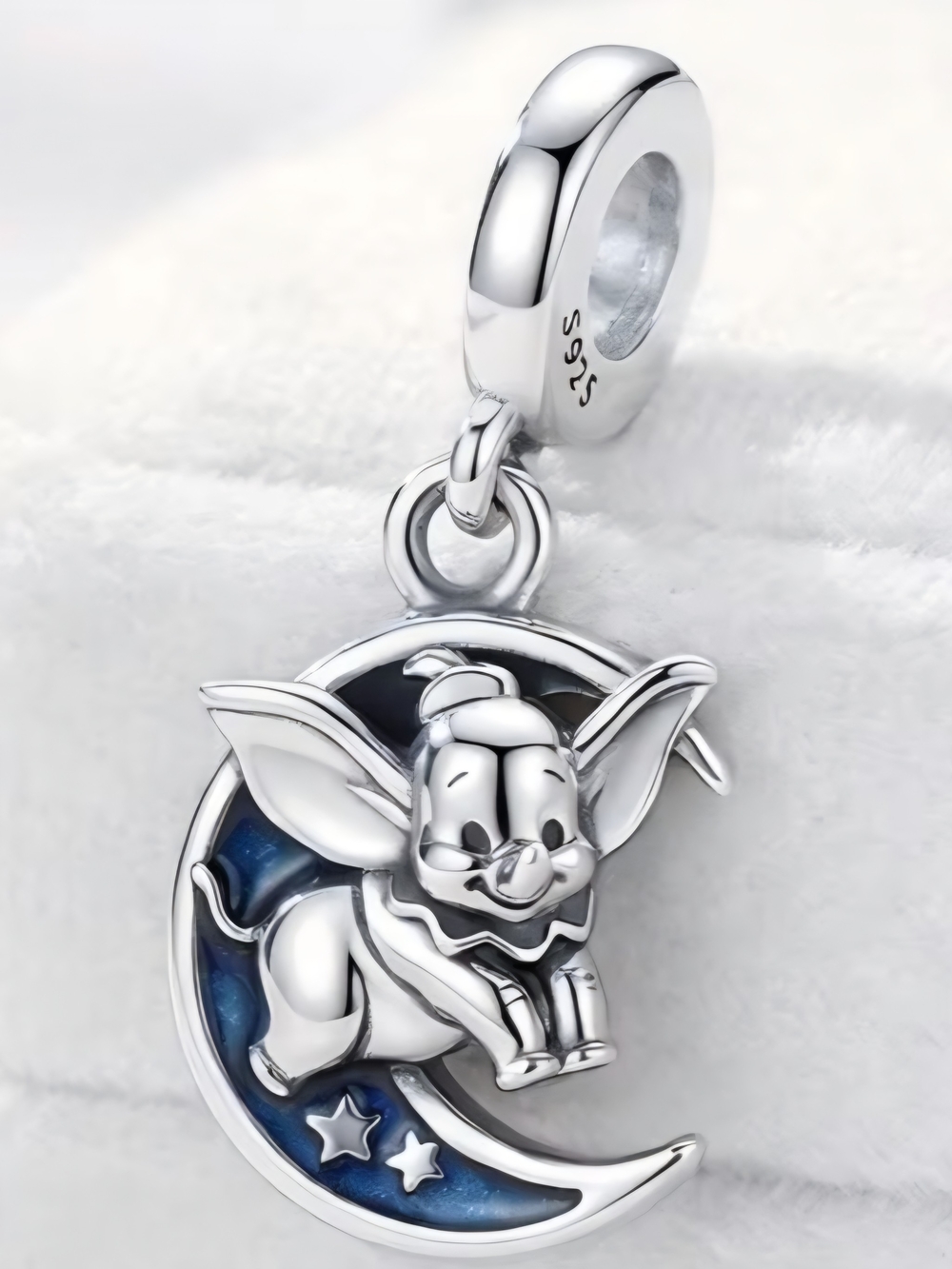 Sterling Silver Dumbo Moon Charm with Blue Enamel